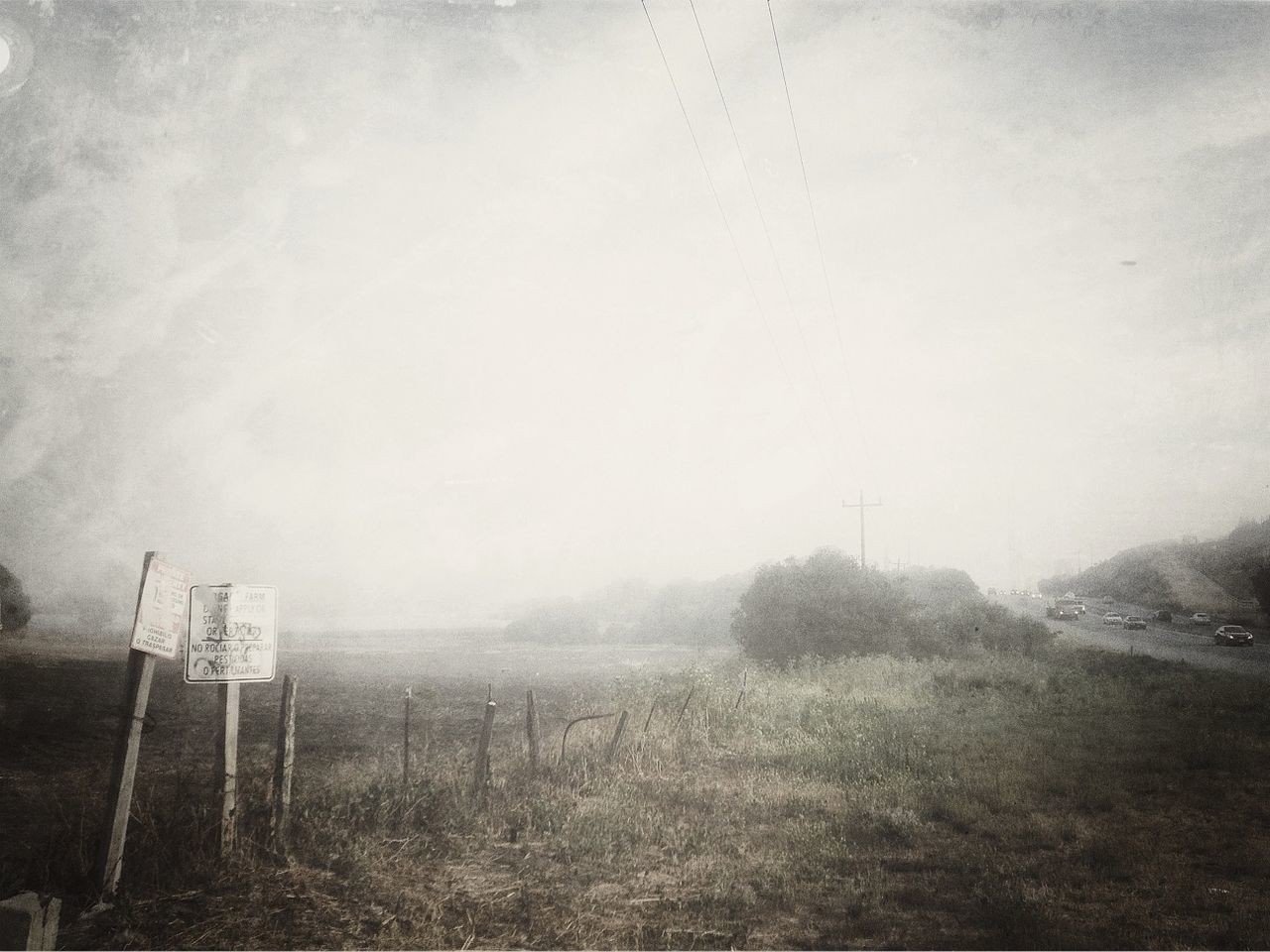 tranquility, tranquil scene, nature, scenics, fog, weather, water, sky, beauty in nature, field, day, landscape, fence, copy space, foggy, outdoors, grass, no people, non-urban scene