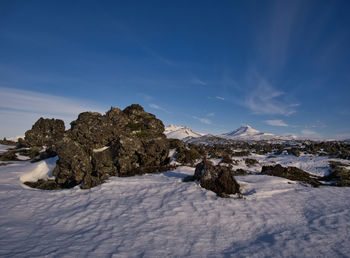 Scenic view of snowcapped mountain against blue sky