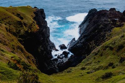 Scenic view of sea and mountains against sky