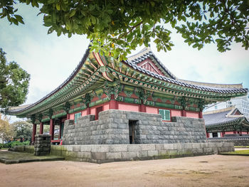 Low angle view of temple against cloudy sky