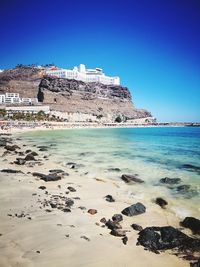 Scenic view of sea against clear blue sky