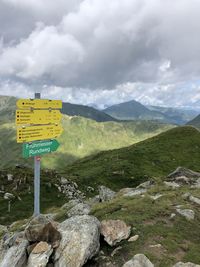 Information sign on landscape against sky