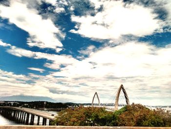 View of bridge over river against cloudy sky