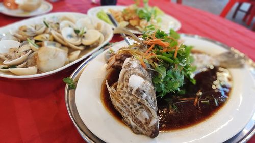 Close-up of food in plate on table