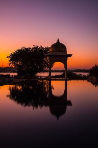 Reflection of trees in lake during sunset