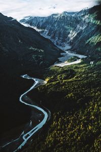 High angle view of winding road on mountain