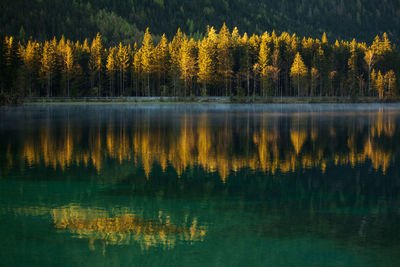 Scenic view of lake against sky at sunset