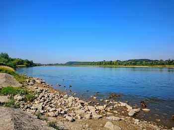 Scenic view of lake against clear blue sky