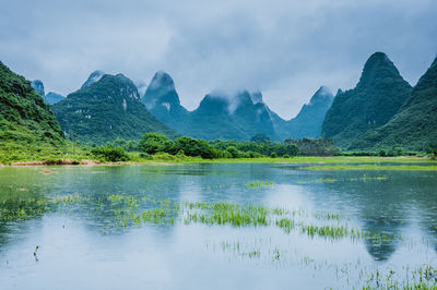 Scenic view of lake and mountains against sky