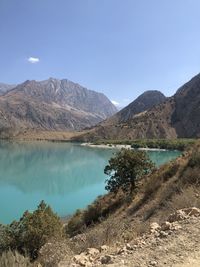 Scenic view of lake and mountains against clear sky