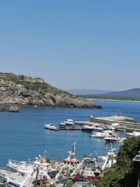 Scenic view of sea against clear blue sky