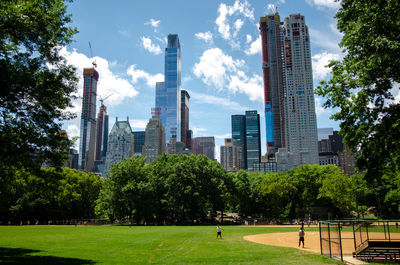 Trees and buildings in city against sky