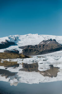 Scenic view of snowcapped mountains against clear blue sky