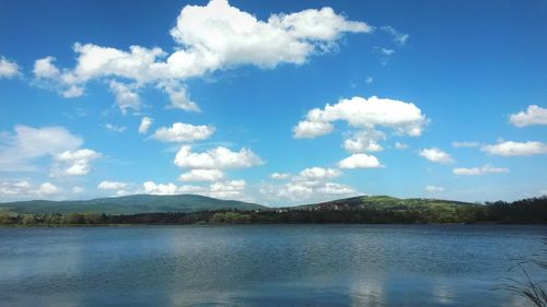 Scenic view of lake against cloudy sky