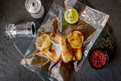 High angle view of food on table