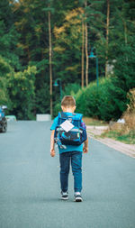 Rear view of man walking on road