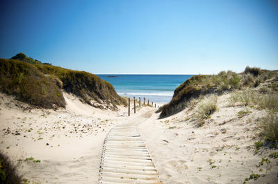 Scenic view of beach against clear blue sky