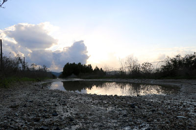 Scenic view of lake against sky during sunset