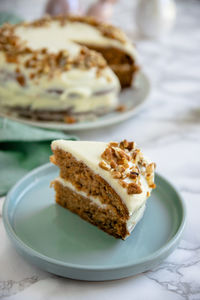 Close-up of cake in plate on table