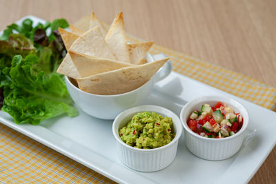 High angle view of meal served on table