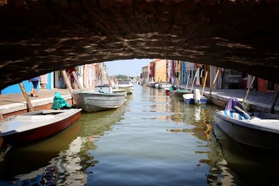 Boats moored in water