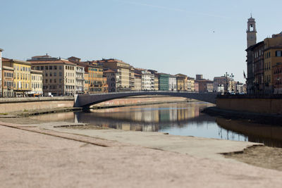 Bridge over river by buildings against sky in city