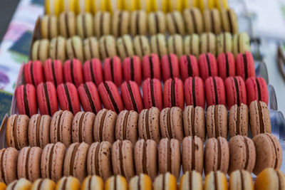 Close-up of multi colored macaroon for sale