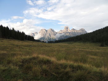 Scenic view of landscape and mountains against sky