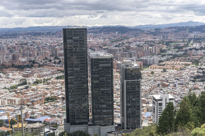 High angle view of buildings in city against sky