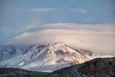 Scenic view of snowcapped mountains against sky