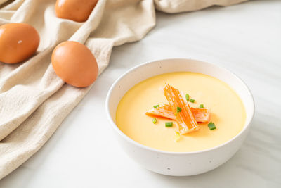 Close-up of soup in bowl on table