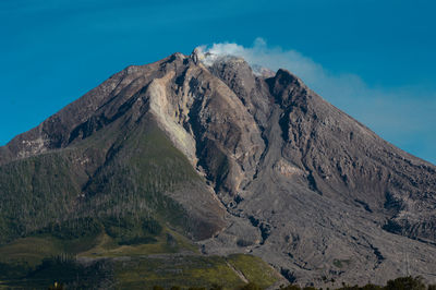 Panoramic view of rocky mountains against blue sky