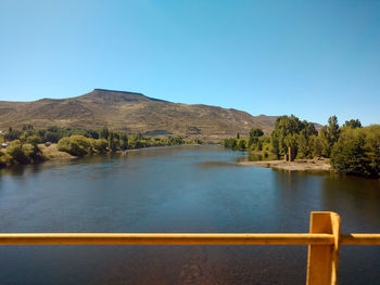 Scenic view of lake against clear blue sky