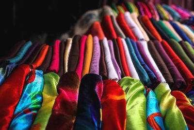 Close-up of multi colored textiles for sale in market