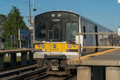 Train on railroad tracks against clear sky