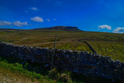 Scenic view of field against blue sky