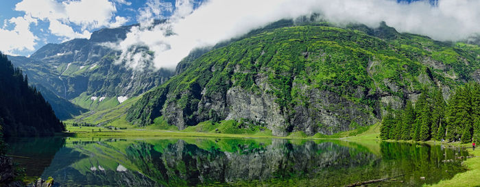 Scenic view of lake and mountains against sky