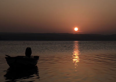 Silhouette person in sea against sky during sunset