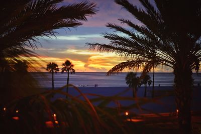Silhouette palm trees on beach against sky during sunset
