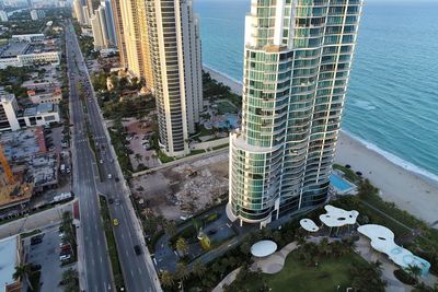 High angle view of street amidst buildings in city