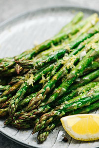Close up of lemon garlic asparagus tips