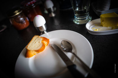 High angle view of breakfast served on table