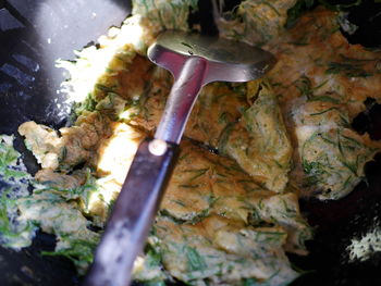 High angle view of meat in container