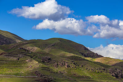 Low angle view of mountain against blue sky