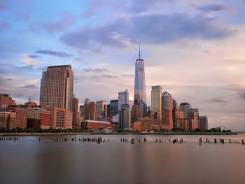 City skyline with river in background