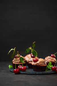 Close-up of fruits on table against black background