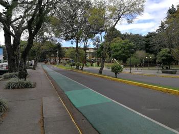 Road by trees in city against sky