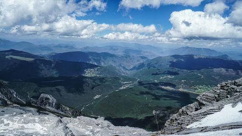 Scenic view of mountains against cloudy sky