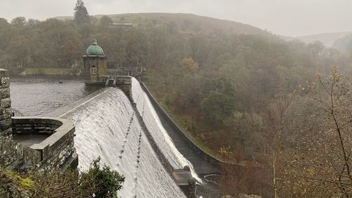 High angle view of dam against mountain