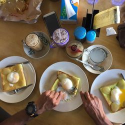 High angle view of breakfast served on table